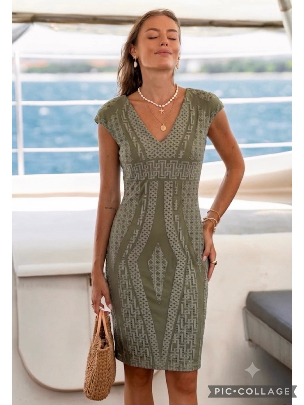 Bebe Olive Dress Bodycon Textured Olive Green V- neck Cap Sleeve XL Cocktail